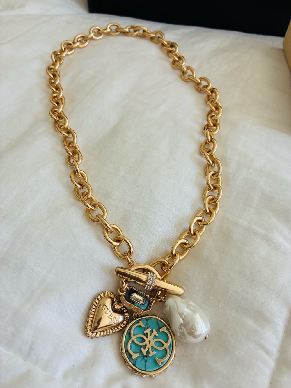 Guess Gold-Tone Chain Necklace with Turquoise Enamel and Pearl Charm